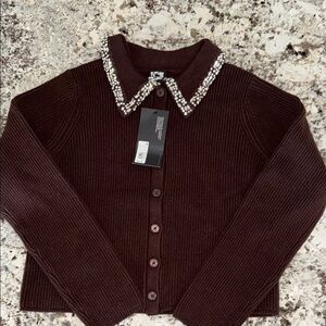 Brown Cardigan with Embellished Collar